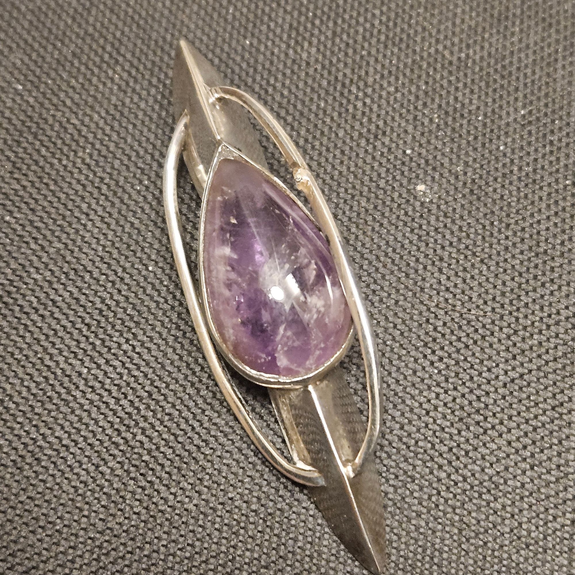 Vtg Abstract Sterling Silver & Amethyst Teardrop Pendant